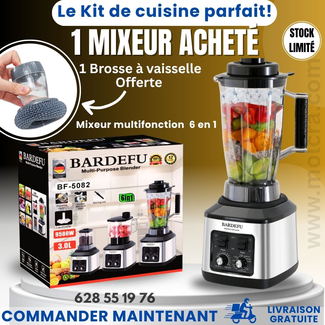 🛒 Mixeur Multifonction 6 en 1 BARDEFU – L’allié ultime de votre cuisine !. râpe, coupe, mixe, presse et pétrit pour vous en un clin d’œil.