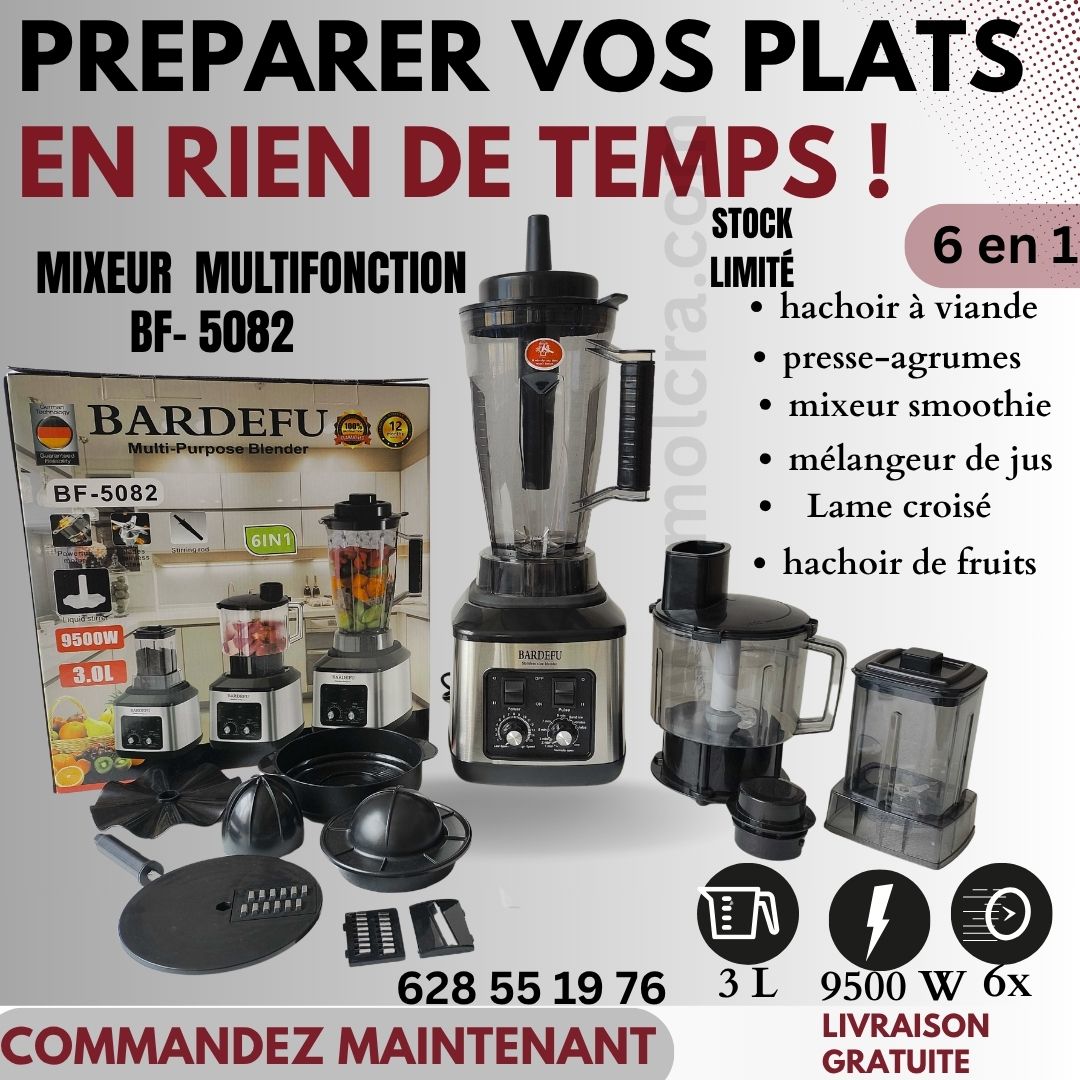🛒 Mixeur Multifonction 6 en 1 BARDEFU – L’allié ultime de votre cuisine !. râpe, coupe, mixe, presse et pétrit pour vous en un clin d’œil.