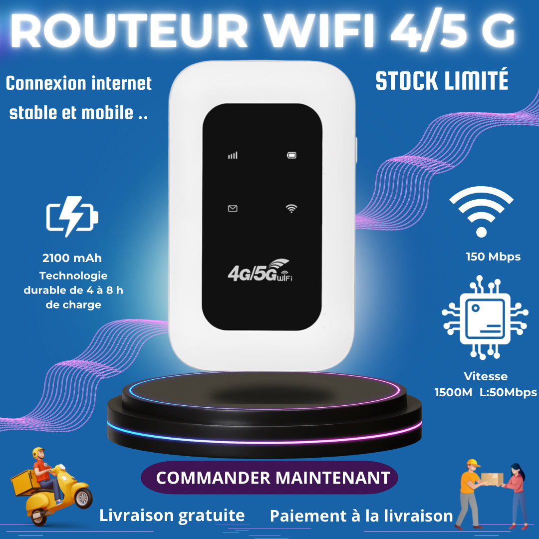 Mini routeur mobile 4G/5G WiFi  Portable, Autonomie 8h  Connexion rapide et compatible avec toutes les cartes SIM selon le forfais de votre choix.