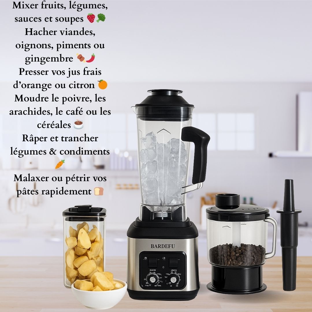 🛒 Mixeur Multifonction 6 en 1 BARDEFU – L’allié ultime de votre cuisine !. râpe, coupe, mixe, presse et pétrit pour vous en un clin d’œil.