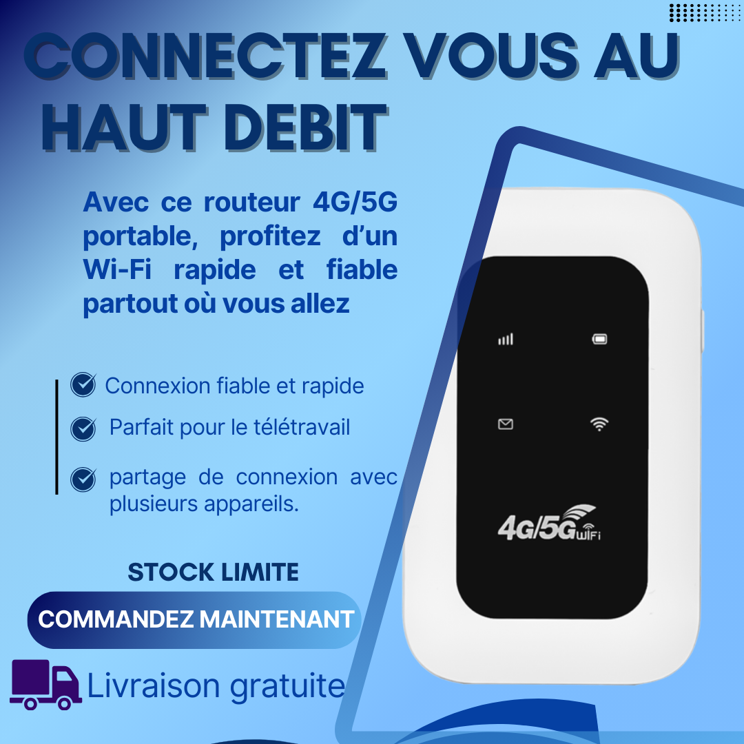 Mini routeur mobile 4G/5G WiFi  Portable, Autonomie 8h  Connexion rapide et compatible avec toutes les cartes SIM selon le forfais de votre choix.