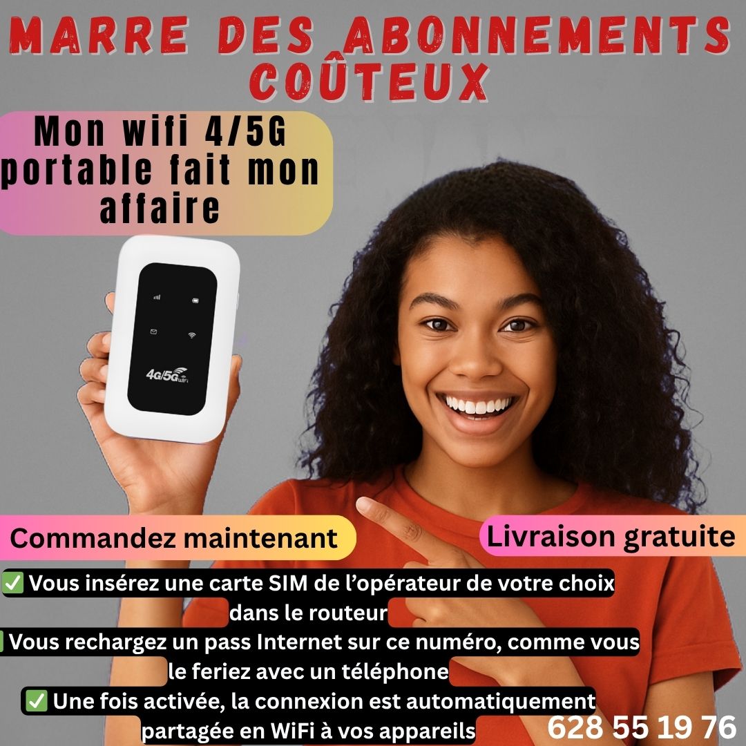 Mini routeur mobile 4G/5G WiFi  Portable, Autonomie 8h  Connexion rapide et compatible avec toutes les cartes SIM selon le forfais de votre choix.