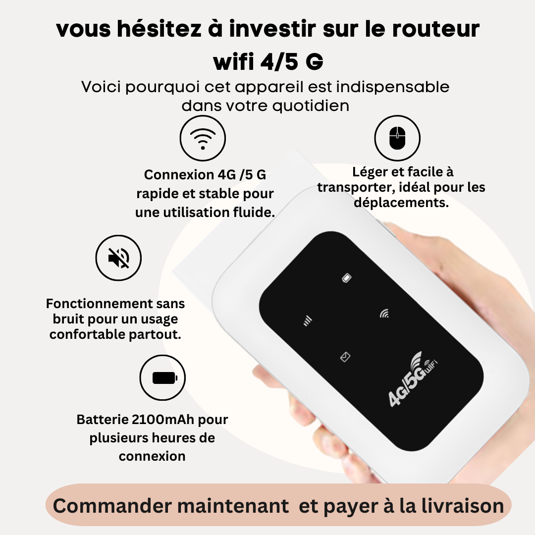 Mini routeur mobile 4G/5G WiFi  Portable, Autonomie 8h  Connexion rapide et compatible avec toutes les cartes SIM selon le forfais de votre choix.